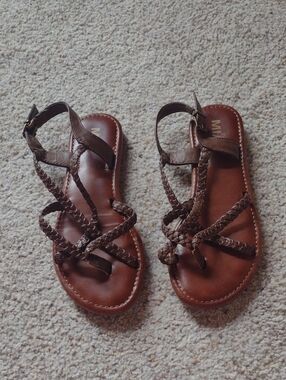 Women's Braided Brown Leather Sandals with Ankle Strap